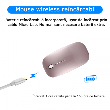 Mouse wireless Bervolo® Uno Office Rose Gold, Bluetooth 5.0, reincarcabil prin usb, Windows, Mac, Android, baterie 750mAh
