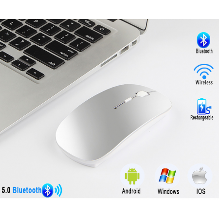 Mouse wireless Bervolo® Uno Office Silver, Bluetooth 5.0, reincarcabil prin usb, Windows, Mac, Android, baterie 750mAh