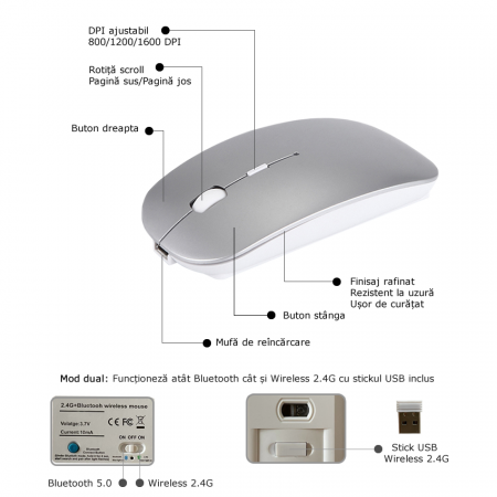 Mouse wireless Bervolo® Uno Office Silver, Bluetooth 5.0, reincarcabil prin usb, Windows, Mac, Android, baterie 750mAh