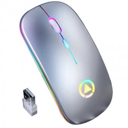 Mouse RGB True Wireless Games, ultra-subtire, click silentios, baterie reincarcabila, lumini colorate, argintiu