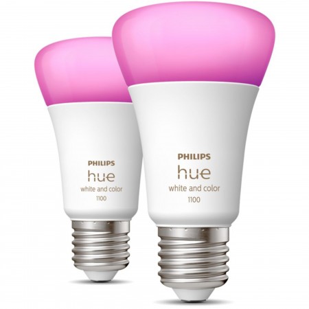 Pachet 2 becuri LED RGB inteligente Philips Hue, Bluetooth, Zigbee, A60, E27, 9W (75W), 806-1100 lm, lumina alba si colorata