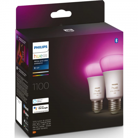 Pachet 2 becuri LED RGB inteligente Philips Hue, Bluetooth, Zigbee, A60, E27, 9W (75W), 806-1100 lm, lumina alba si colorata