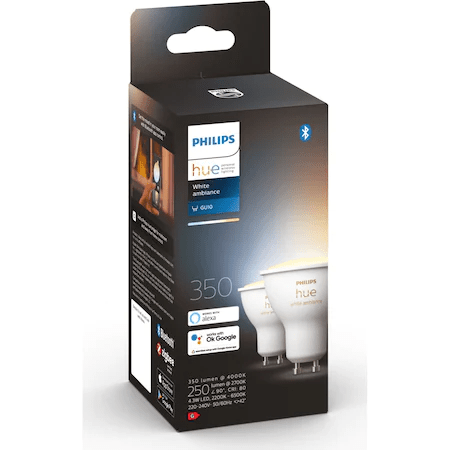 Pachet 2 becuri LED inteligente Philips Hue, Bluetooth, Zigbee, GU10, 5W (35W), 350 lm, lumina alba (2200-6500K)