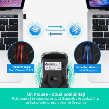 Mouse Dual Wireless Optical Bluetooth 5.0 si USB Bervolo® Rainbow Backlight, RGB, reincarcabil, 6 butoane, DPI reglabil, negru