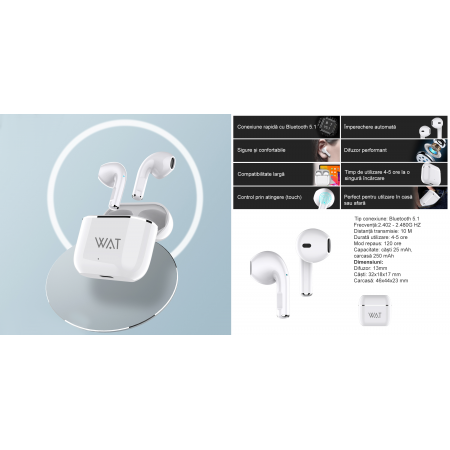 Casti Bervolo WAT® Pro Max, Bluetooth Wireless, Pure Bass Sound, Eliminare zgomot ANC, Pairing automat, alb