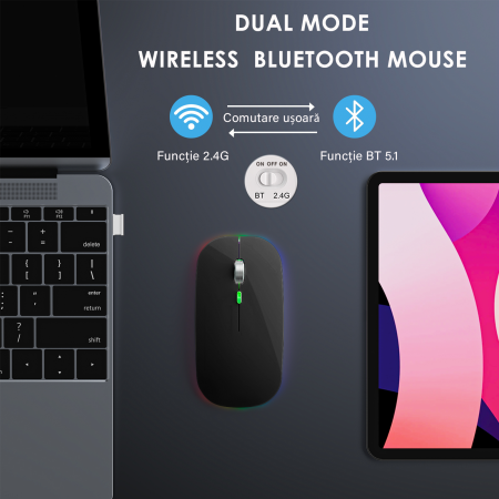 Mouse Dual Bervolo® ProX, Jiggler, Wireless USB si Bluetooth 5.1, RGB, reincarcabil, 400mAh, Windows, Mac, Android, negru lucios
