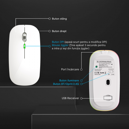 Mouse Dual Bervolo® ProX, Jiggler, Wireless USB si Bluetooth 5.1, RGB, reincarcabil, 400mAh, Windows, Mac, Android, alb