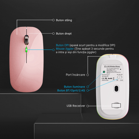 Mouse Dual Bervolo® ProX, Jiggler, Wireless USB si Bluetooth 5.1, RGB, reincarcabil, 400mAh, Windows, Mac, Android, rose gold