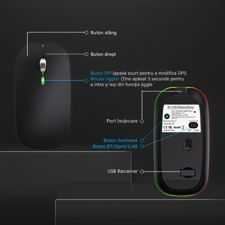 Mouse Dual Bervolo® ProX, Jiggler, Wireless USB si Bluetooth 5.1, RGB, reincarcabil, 400mAh, Windows, Mac, Android, negru mat