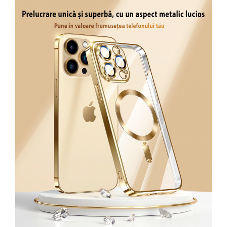 Husa de protectie telefon, compatibila cu Apple iPhone 14 Pro, Bervolo® MagSafe, protectie camera, auriu