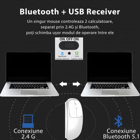 Mouse Dual Wireless Bervolo® Metal X USB si Bluetooth 5.1, reincarcabil, Windows, Mac, Android, baterie 600mAh, silver