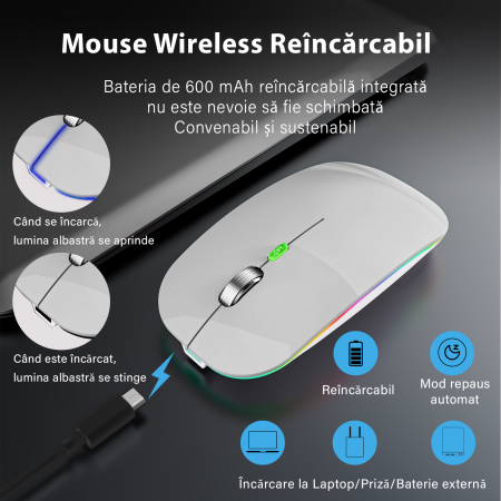 Mouse Dual Bervolo® ProX Jiggler, simuleaza miscarea, USB si BT 5.1, RGB, reincarcabil, 600mAh, Windows/Mac/Android, silver