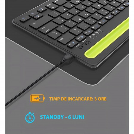 Tastatura Bervolo® Double Stand BT 5, reincarcabila, suport tableta, taste multimedia, scissor switch, Windows/MAC/Android,negru