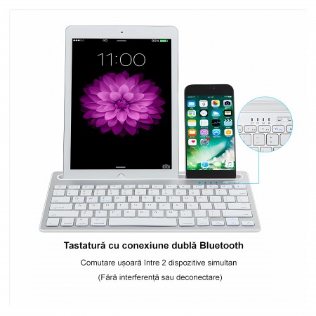Tastatura Bervolo® Double Stand BT 5, reincarcabila, suport tableta, taste multimedia, scissor switch, Windows/MAC/Android, alb