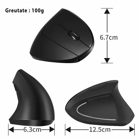 Mouse Bervolo® Ergonomic Vertical X, Dual, USB si Bluetooth, Reincarcabil, DPI reglabil 800/1200/1600, Negru