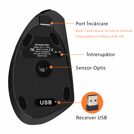 Mouse Bervolo® Ergonomic Vertical X, Dual, USB si Bluetooth, Reincarcabil, DPI reglabil 800/1200/1600, Negru