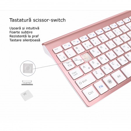 Set universal combo Tastatura si Mouse Premium Bervolo®, wireless 2.4G, roz gold, click scissor switch, versiune US