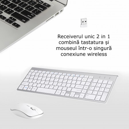 Set universal combo Tastatura si Mouse Premium Bervolo®, wireless 2.4G, alb, click scissor switch, versiune US