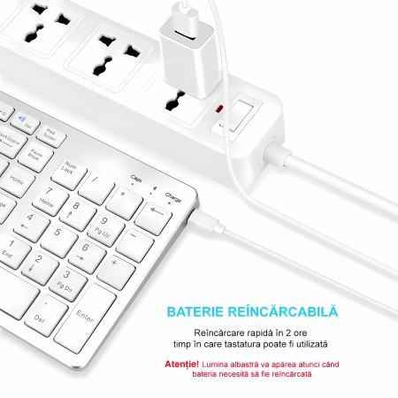 Tastatura Bluetooth reincarcabila Bervolo® Scissor Switch, taste numerice, Windows, MAC, IOS, Android, versiune US, alb/argintiu