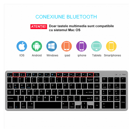 Tastatura Bluetooth reincarcabila Bervolo® Scissor Switch, taste numerice, Windows, MAC, IOS, Android, versiune US, gri