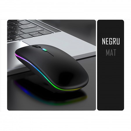 Mouse Bervolo® RGB, Dual Wireless USB si Bluetooth, ultra-subtire, click silentios, baterie reincarcabila,lumini colorate, negru