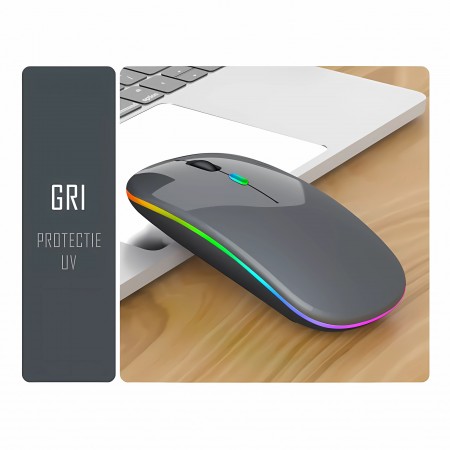 Mouse Bervolo® RGB, Dual Wireless USB si Bluetooth, ultra-subtire, click silentios, baterie reincarcabila, lumini colorate, gri