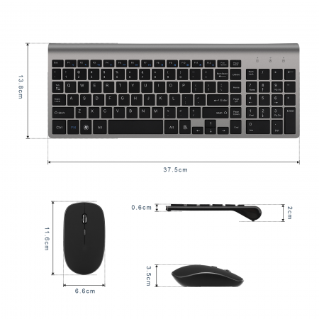 Set universal combo Tastatura si Mouse Premium Bervolo®, wireless 2.4G, click scissor switch, versiune US, gri