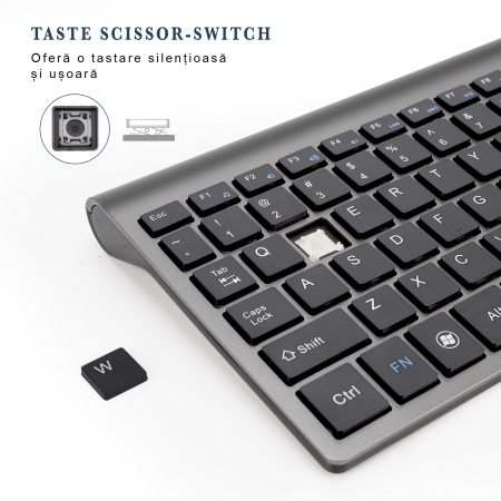 Set universal combo Tastatura si Mouse Premium Bervolo®, wireless 2.4G, click scissor switch, versiune US, gri
