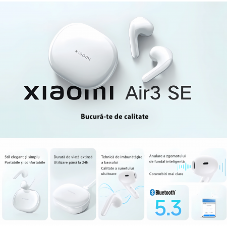 Casti bluetooth In-Ear Xiaomi Mi Air 3 SE, True Wireless Earphones, ANC, Alb