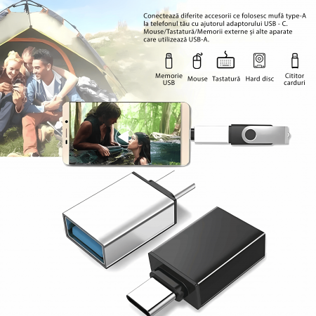 Adaptor Bervolo® cu mufa de tip USB-C la USB-A 3.0, Fast Charging, Carcasa din aluminiu, Argintiu